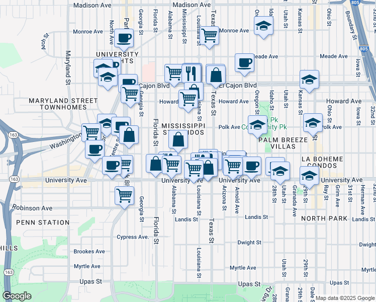 map of restaurants, bars, coffee shops, grocery stores, and more near 4003 Mississippi Street in San Diego