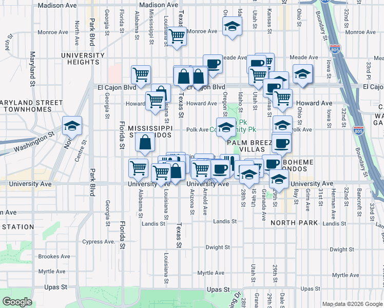 map of restaurants, bars, coffee shops, grocery stores, and more near 4036 Arizona Street in San Diego