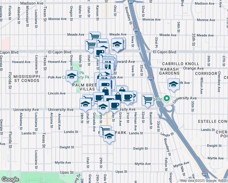 map of restaurants, bars, coffee shops, grocery stores, and more near 4004 Ohio Street in San Diego