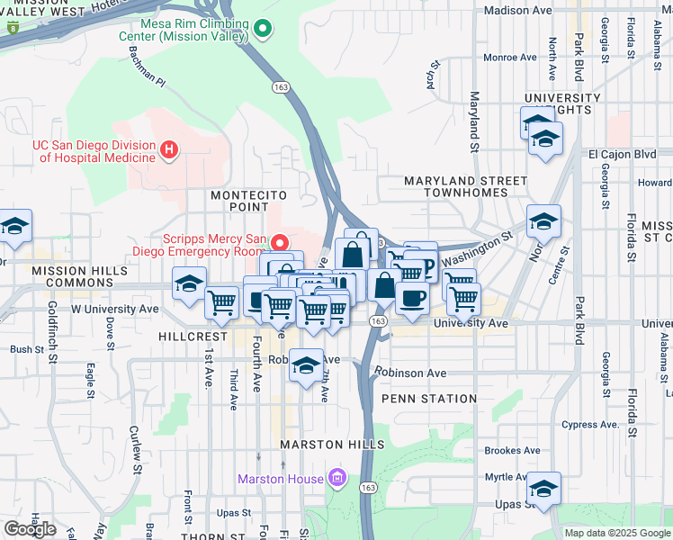 map of restaurants, bars, coffee shops, grocery stores, and more near 770 Washington Street in San Diego