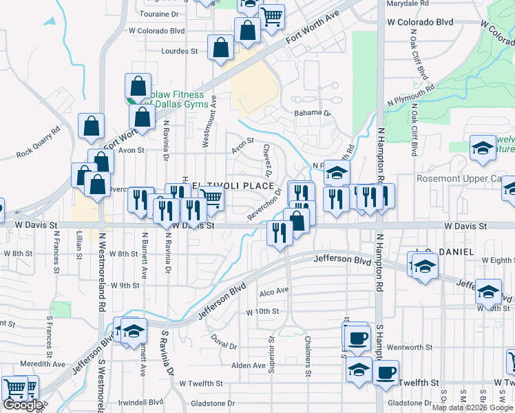 map of restaurants, bars, coffee shops, grocery stores, and more near 2714 Overcrest Street in Dallas