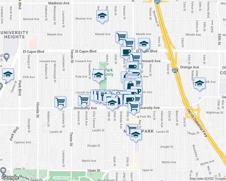map of restaurants, bars, coffee shops, grocery stores, and more near 2836 Lincoln Avenue in San Diego