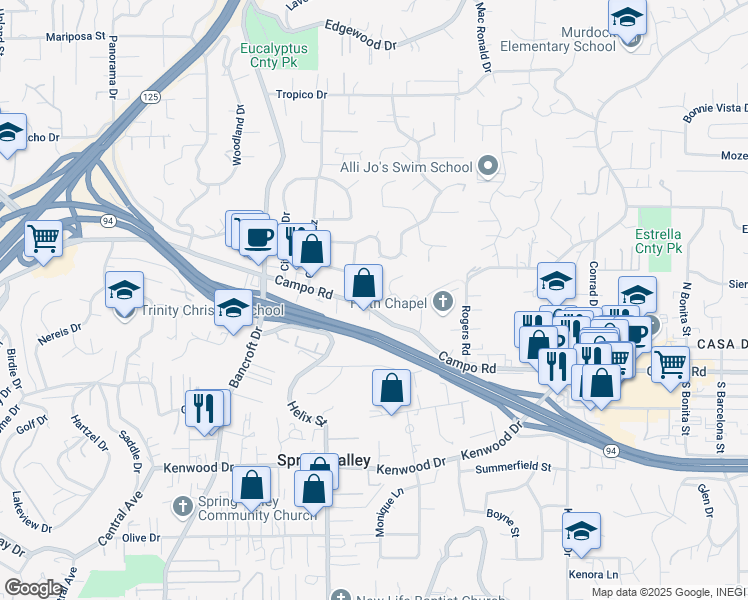 map of restaurants, bars, coffee shops, grocery stores, and more near 9306 Hollyhock Lane in Spring Valley