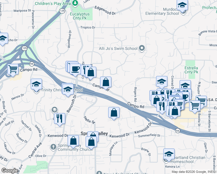map of restaurants, bars, coffee shops, grocery stores, and more near 9306 Hollyhock Lane in Spring Valley