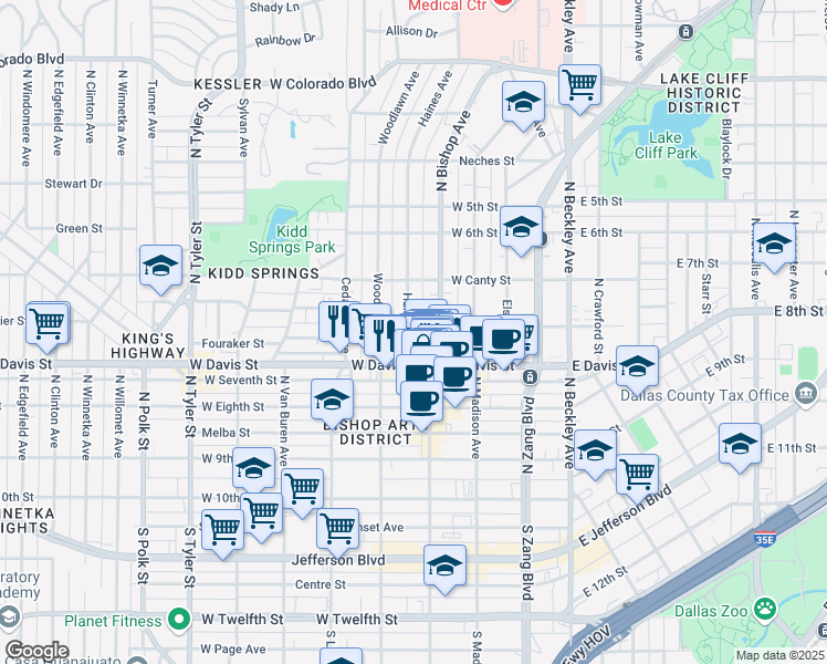 map of restaurants, bars, coffee shops, grocery stores, and more near 420 West Neely Street in Dallas