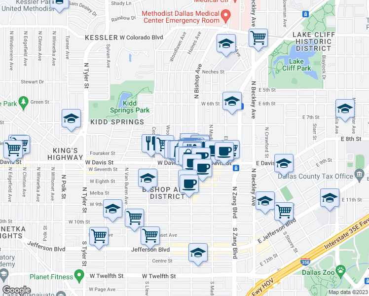 map of restaurants, bars, coffee shops, grocery stores, and more near 628 Haines Avenue in Dallas