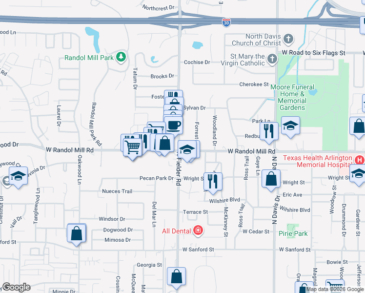 map of restaurants, bars, coffee shops, grocery stores, and more near 1109 North Fielder Road in Arlington