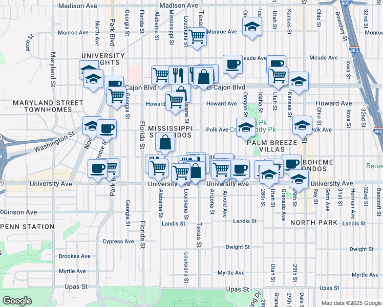 map of restaurants, bars, coffee shops, grocery stores, and more near 4005 Louisiana Street in San Diego