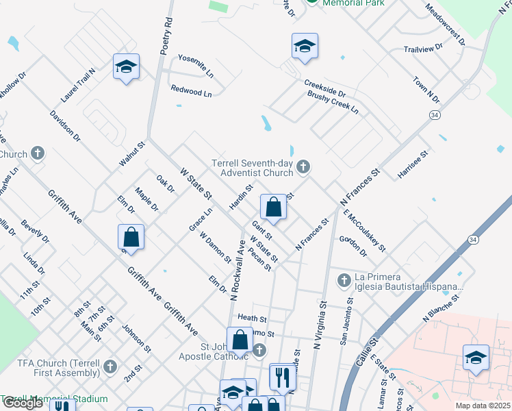 map of restaurants, bars, coffee shops, grocery stores, and more near 100 Jaycee Street in Terrell
