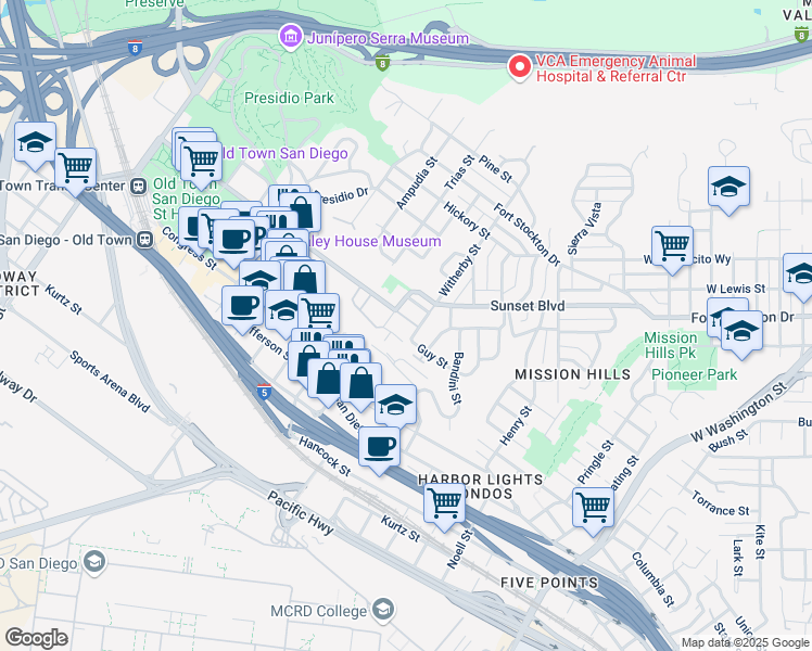map of restaurants, bars, coffee shops, grocery stores, and more near 2215 Juan Street in San Diego