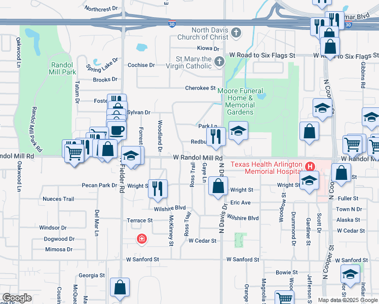 map of restaurants, bars, coffee shops, grocery stores, and more near 1320 Redbud Drive in Arlington