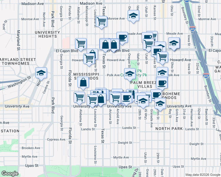 map of restaurants, bars, coffee shops, grocery stores, and more near 2440 Lincoln Avenue in San Diego
