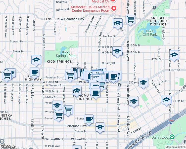 map of restaurants, bars, coffee shops, grocery stores, and more near 628 Haines Avenue in Dallas