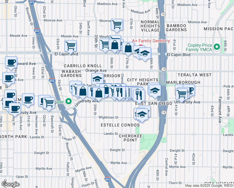 map of restaurants, bars, coffee shops, grocery stores, and more near 4037 36th Street in San Diego
