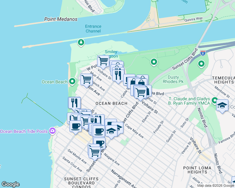 map of restaurants, bars, coffee shops, grocery stores, and more near 4933 Muir Avenue in San Diego