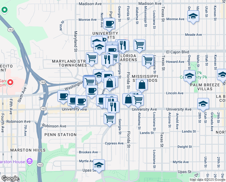 map of restaurants, bars, coffee shops, grocery stores, and more near 4038 Georgia Street in San Diego