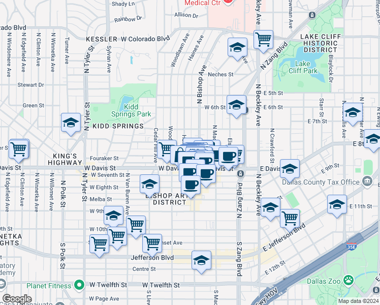 map of restaurants, bars, coffee shops, grocery stores, and more near 416 West Neely Street in Dallas