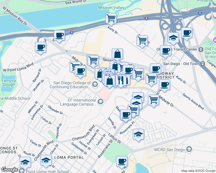 map of restaurants, bars, coffee shops, grocery stores, and more near 3450 Midway Drive in San Diego