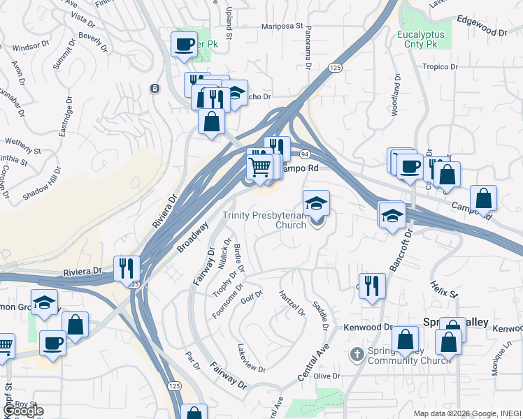 map of restaurants, bars, coffee shops, grocery stores, and more near 3834 Polaris Drive in La Mesa