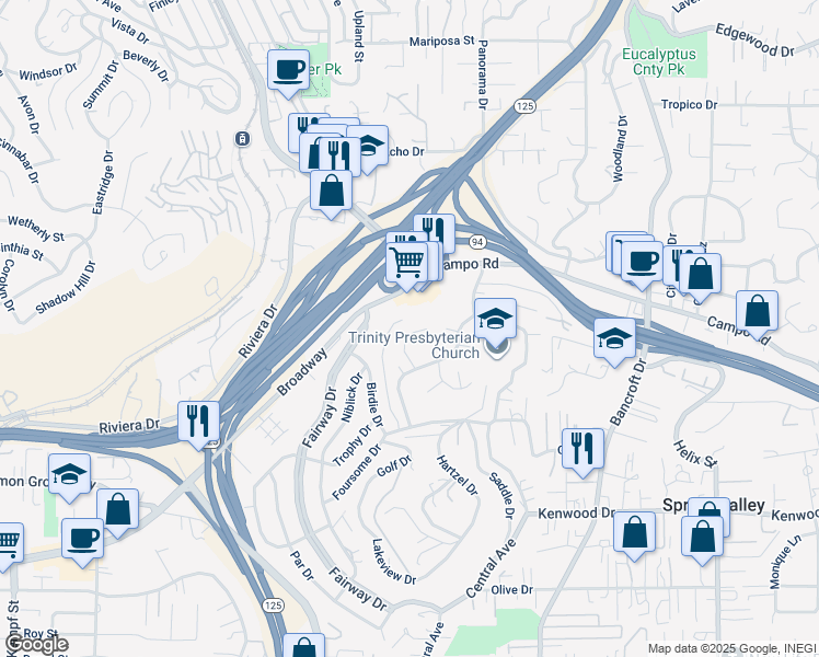 map of restaurants, bars, coffee shops, grocery stores, and more near 3834 Polaris Drive in La Mesa