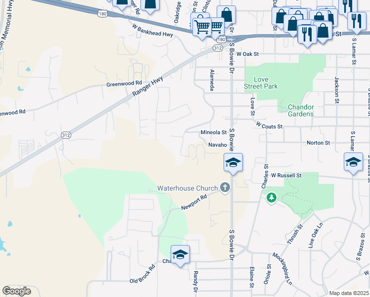 map of restaurants, bars, coffee shops, grocery stores, and more near 713 Ridgeway Boulevard in Weatherford