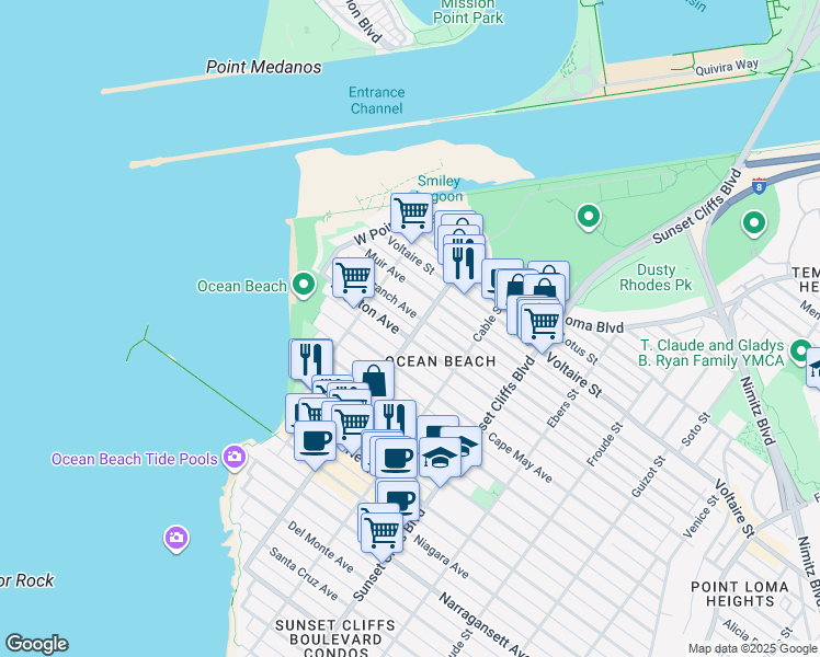 map of restaurants, bars, coffee shops, grocery stores, and more near 2136 Bacon Street in San Diego
