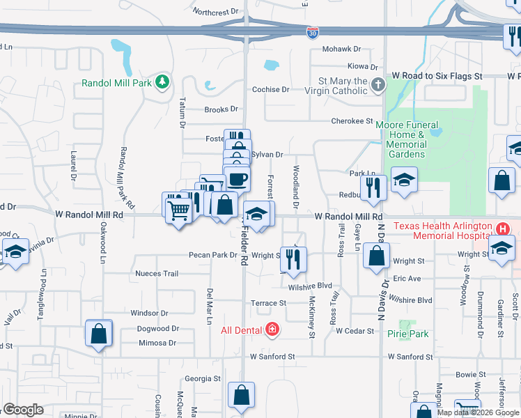 map of restaurants, bars, coffee shops, grocery stores, and more near 1109 North Fielder Road in Arlington