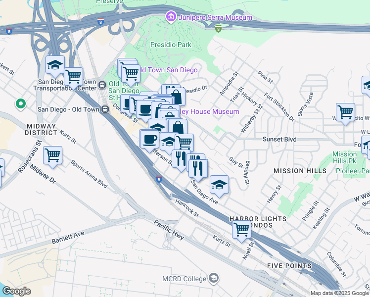 map of restaurants, bars, coffee shops, grocery stores, and more near 3990 Ampudia Street in San Diego