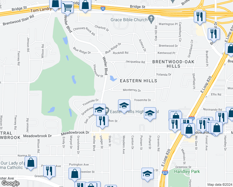 map of restaurants, bars, coffee shops, grocery stores, and more near 5732 Monterrey Drive in Fort Worth