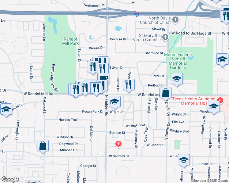 map of restaurants, bars, coffee shops, grocery stores, and more near 1109 North Fielder Road in Arlington