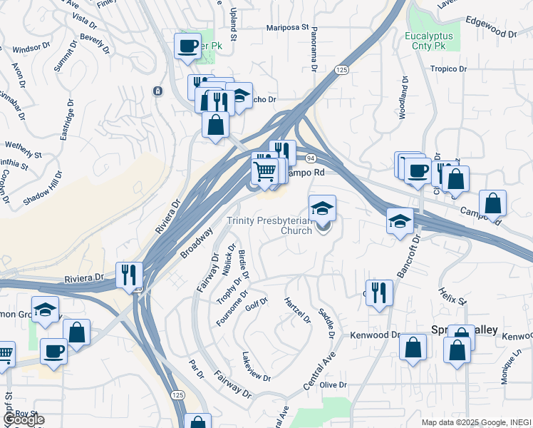 map of restaurants, bars, coffee shops, grocery stores, and more near 3834 Polaris Drive in La Mesa