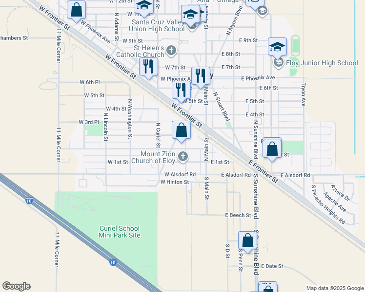 map of restaurants, bars, coffee shops, grocery stores, and more near 207 North E Street in Eloy