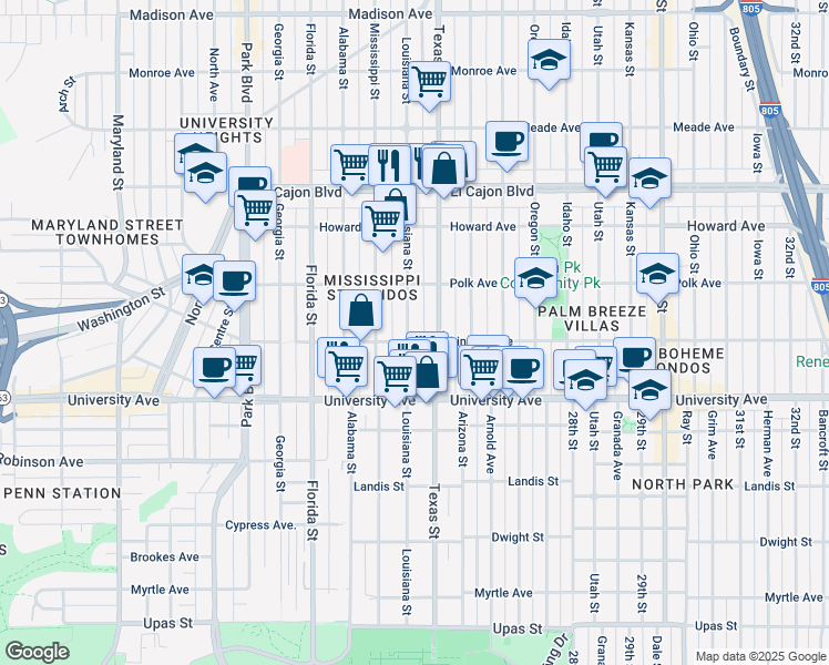 map of restaurants, bars, coffee shops, grocery stores, and more near 4005 Louisiana Street in San Diego