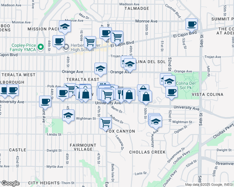 map of restaurants, bars, coffee shops, grocery stores, and more near 4074 48th Street in San Diego