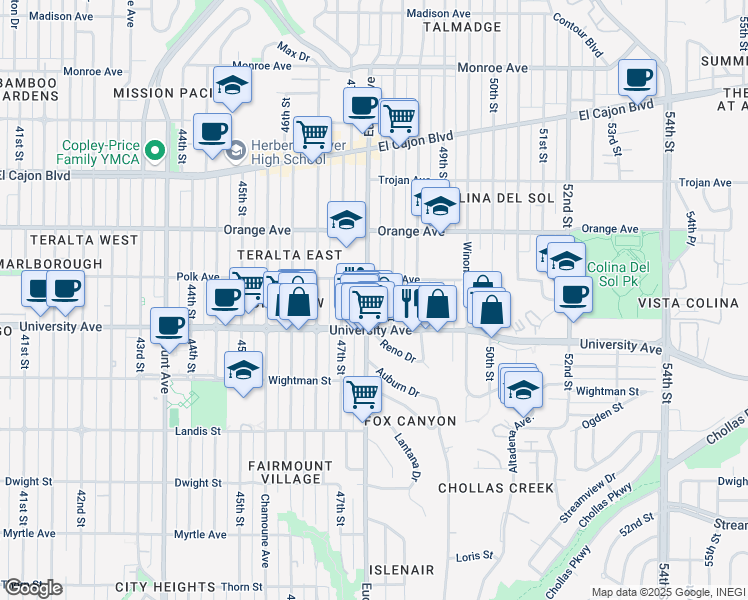 map of restaurants, bars, coffee shops, grocery stores, and more near 4074 48th Street in San Diego