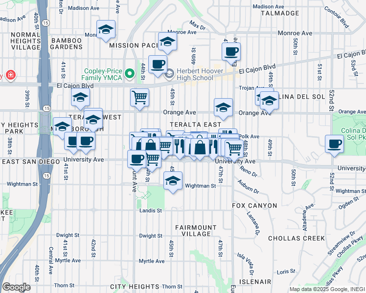 map of restaurants, bars, coffee shops, grocery stores, and more near 4070 46th Street in San Diego