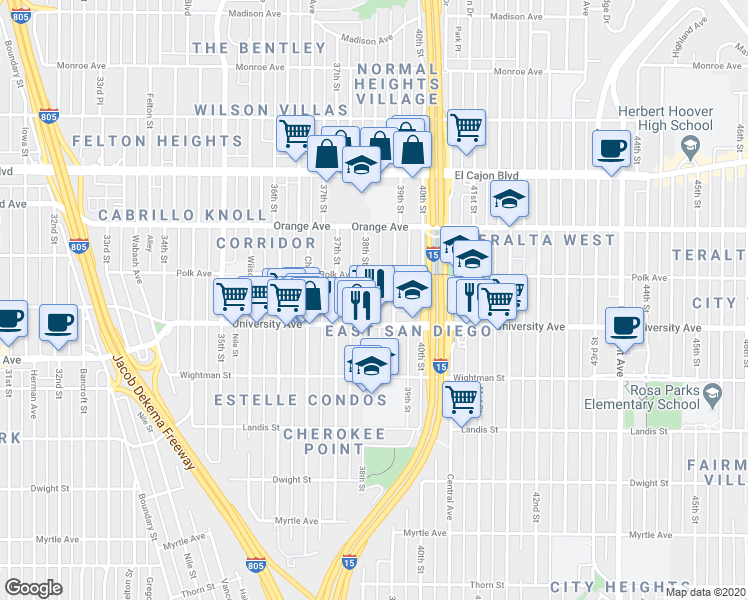 map of restaurants, bars, coffee shops, grocery stores, and more near 4072 39th Street in San Diego