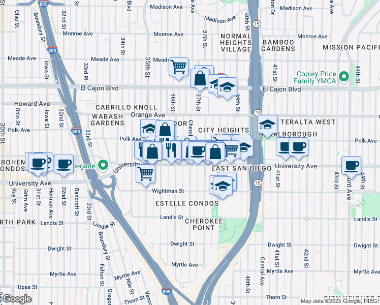 map of restaurants, bars, coffee shops, grocery stores, and more near 4073 Cherokee Avenue in San Diego