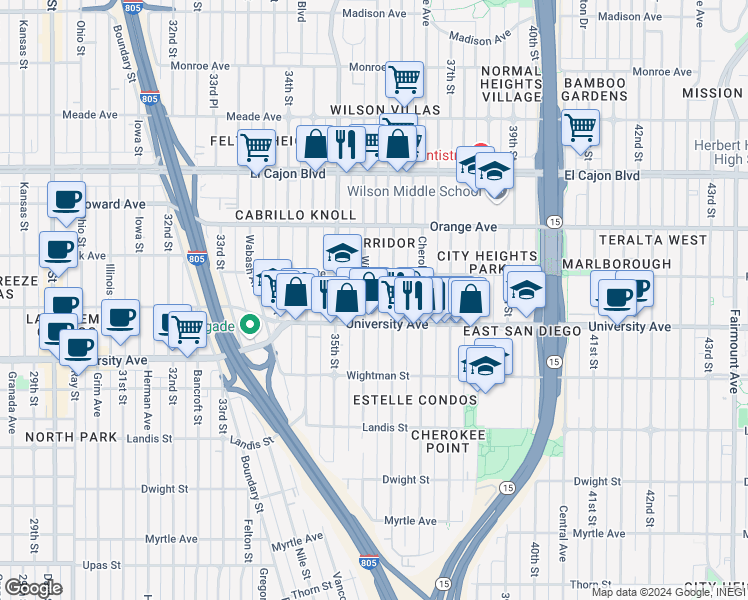 map of restaurants, bars, coffee shops, grocery stores, and more near 4073 Wilson Avenue in San Diego