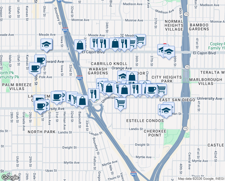 map of restaurants, bars, coffee shops, grocery stores, and more near 4064 Laverne Place in San Diego