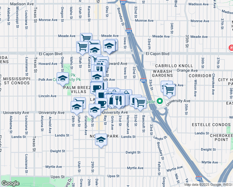 map of restaurants, bars, coffee shops, grocery stores, and more near 4031 Illinois Street in San Diego