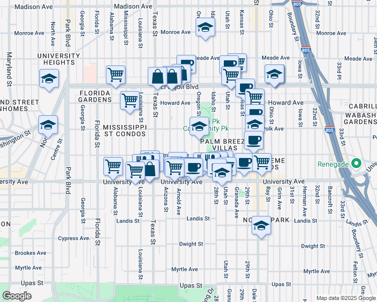 map of restaurants, bars, coffee shops, grocery stores, and more near 4034 Hamilton Street in San Diego
