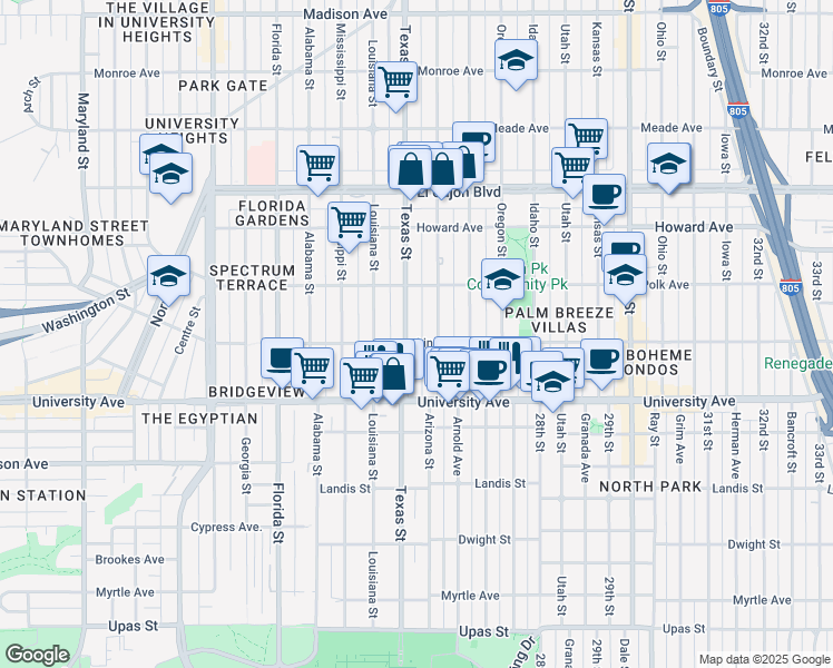map of restaurants, bars, coffee shops, grocery stores, and more near 4036 Arizona Street in San Diego