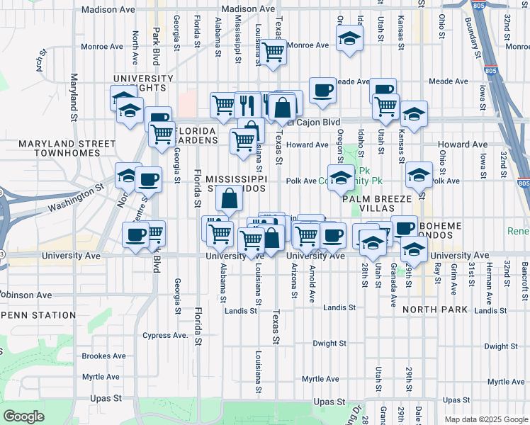 map of restaurants, bars, coffee shops, grocery stores, and more near 4033 Louisiana Street in San Diego