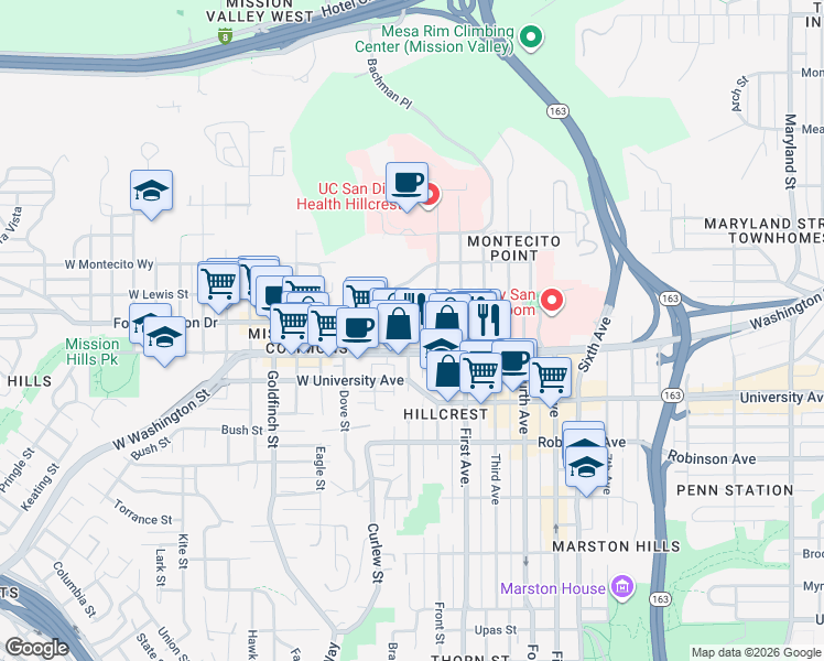 map of restaurants, bars, coffee shops, grocery stores, and more near 4056 Albatross Street in San Diego
