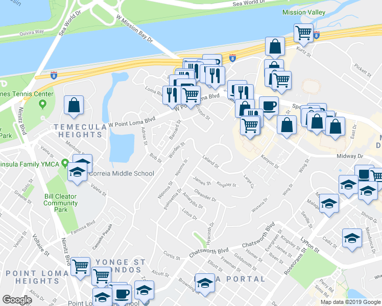 map of restaurants, bars, coffee shops, grocery stores, and more near 3921 Leland Street in San Diego