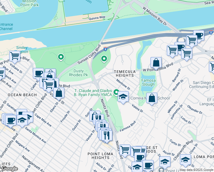 map of restaurants, bars, coffee shops, grocery stores, and more near 4453 Montalvo Street in San Diego