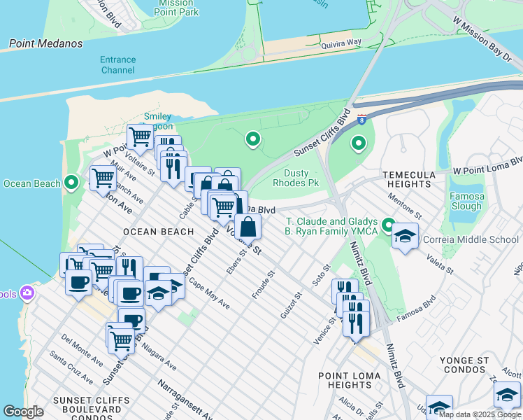 map of restaurants, bars, coffee shops, grocery stores, and more near 4712 West Point Loma Boulevard in San Diego