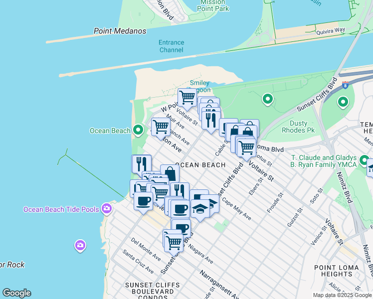 map of restaurants, bars, coffee shops, grocery stores, and more near 2136 Bacon Street in San Diego
