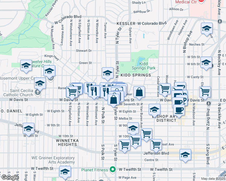 map of restaurants, bars, coffee shops, grocery stores, and more near 630 Turner Avenue in Dallas